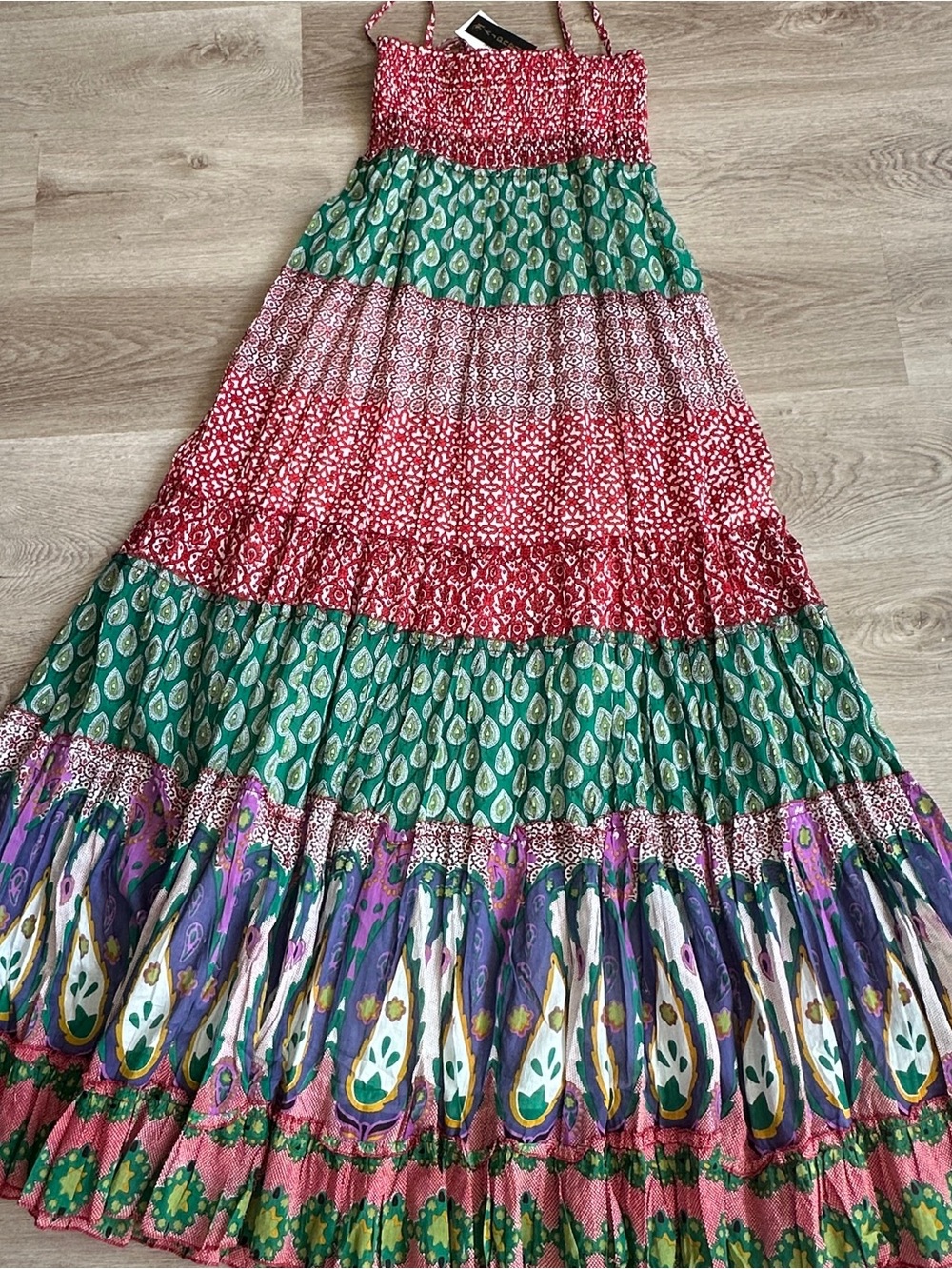 NWT Chaudry Silk Mixed Print Smocked Tiered Maxi Skirt / Strapless Dress M